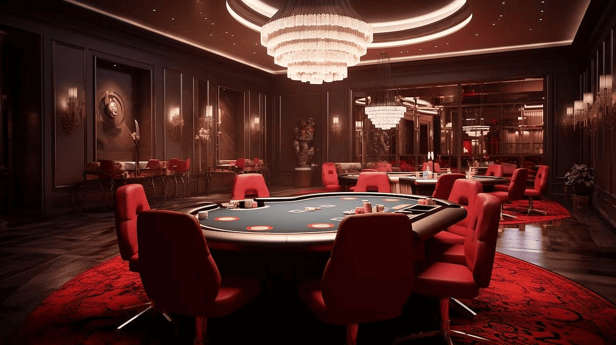 Kırmızı koltuklu poker salonları, kristal avizeler ve boş keçe masalar