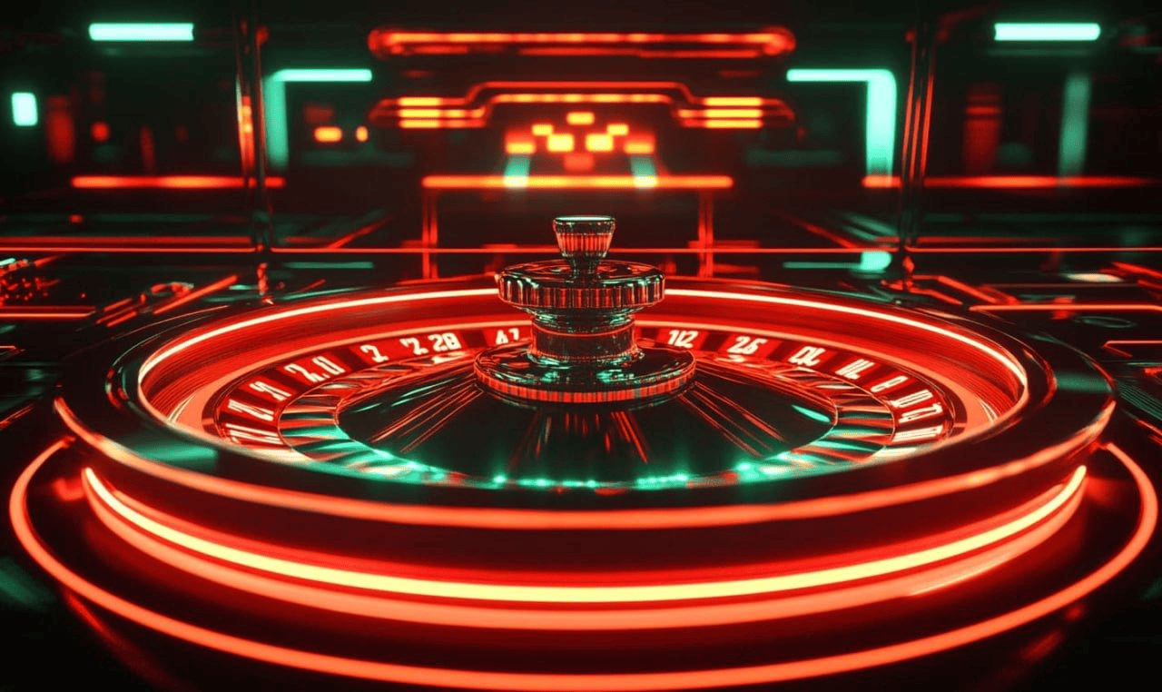 Kırmızı ve yeşil neon rulet çarkı, karanlık stüdyo ışıkları